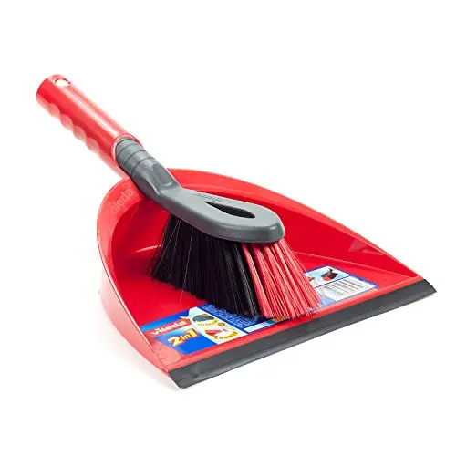 Vileda 2in1 Kehrset mit Handfeger und Kehrschaufel, extra Borsten für Ecken, Farbe Rot, 1er Pack