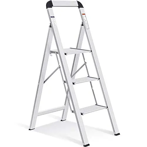 KINGRACK Klappbare Aluminium-Trittleiter 3 Stufen mit Handlauf, belastbar bis 150 kg, rutschfest, für Zuhause und Garten