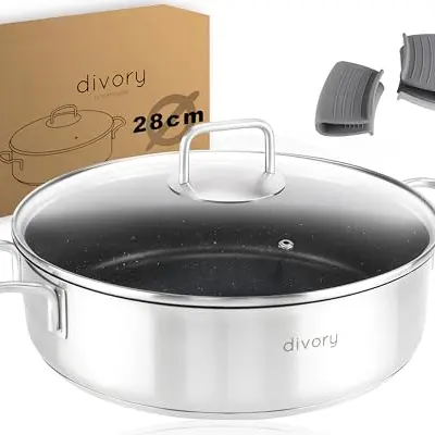 DIVORY Schmorpfanne 28cm, induction, Edelstahl, backofenfest, Spülmaschinengeeignet – 4,6l