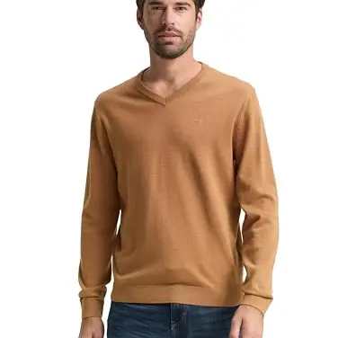 Tom Tailor Herren Strickpullover mit V-Ausschnitt, Mid Brown Melange, 3XL