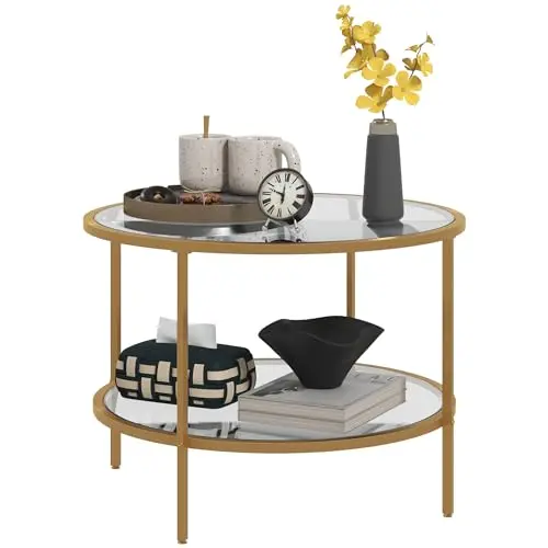 HOMCOM Rund Beistelltisch mit Ablage, Kaffeetisch für Wohnzimmer und Schlafzimmer, Ø60 cm, Gold