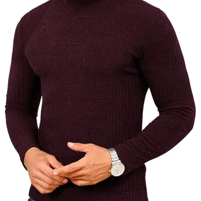 Herren Rollkragen Pullover Langarm Casual Shirt Weinrot M