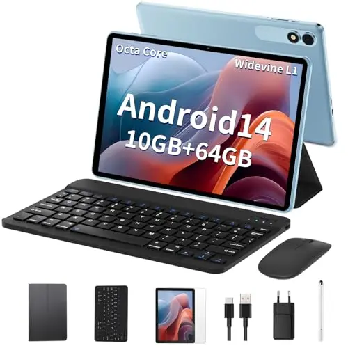 JIKOCXN 10 Zoll Android Tablet, 4GB RAM, 64GB ROM, Octa Core, FHD Bildschirm, 6000mAh Akku, GPS, WLAN, Bluetooth 5.0, Blau
