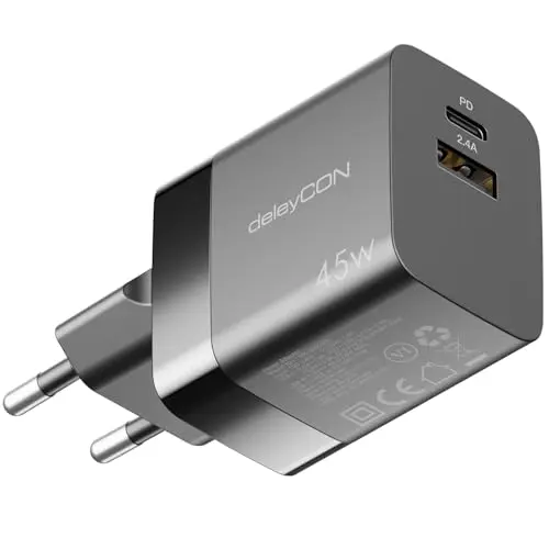 deleyCON 45W Schnellladegerät USB A und C – Kompaktes Netzteil für iPhone 17/16/15/14/13, Galaxy S25/S24/S23, Pixel, iPad, MacBook, Schwarz