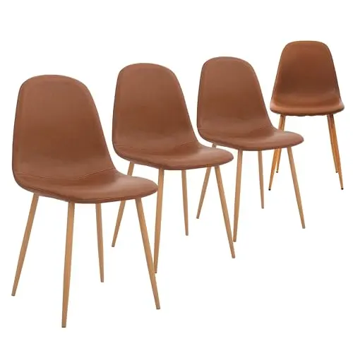 CangLong Set von 4 Retro Esszimmerstühlen mit Kunstleder und Metallbeinen, Braun