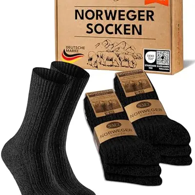 Norweger Socken für Herren und Damen – 6 Paar warme Wollsocken (Schwarz, Größe 39-42)