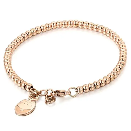 JewelryWe Katzenarmband aus Roségold - Verstellbares Perlenarmband mit Glückskatzen-Anhänger für Damen