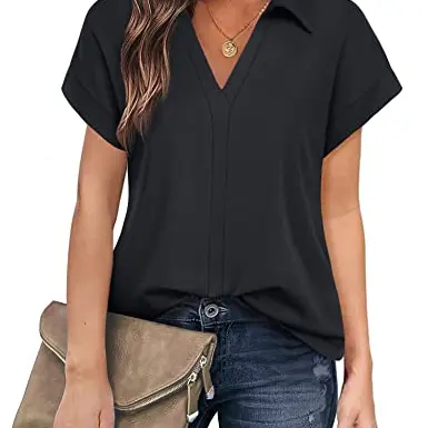 Gaharu Damen Bluse, Kurzarm, Bügelfrei, Baumwolle, Schwarz, Elegant, Lässig & Leger, Sommer Outfit, Berufskleidung