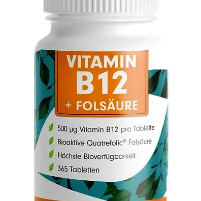 VITAMIN B12 hochdosiert - 365 Tabletten - 500µg mit Folsäure - 100% vegan & laborgeprüft