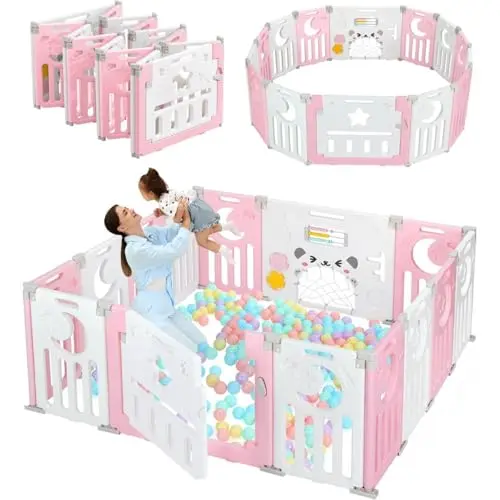 Dripex Faltbarer Laufstall für Baby, 150x150cm, mit Spielzeugboard, Rosa