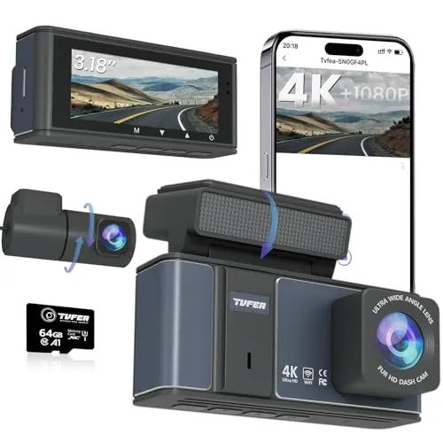 Dashcam Auto Vorne Hinten 4K mit 3.18 Zoll IPS-Bildschirm, WiFi, 64GB SD Karte, Nachtsicht, 170° Weitwinkel