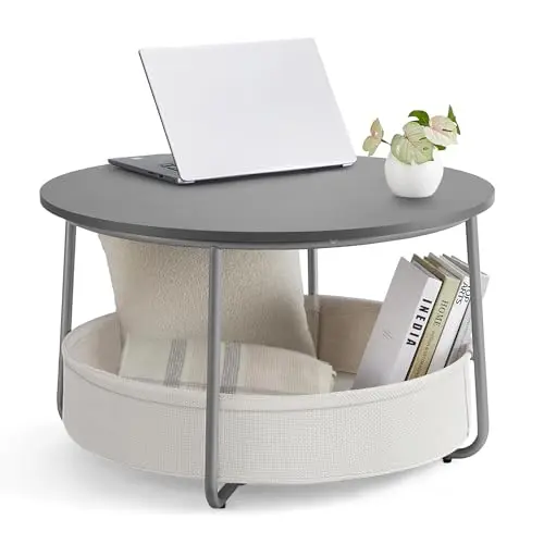 VASAGLE Rund Couchtisch mit Stauraum und Stoffkorb, modern, zementgrau-cremeweiß