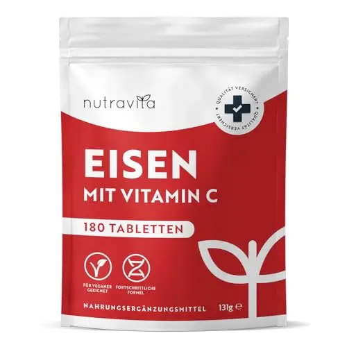 Eisentabletten 40 mg mit Vitamin C, 180 vegane Tabletten, Hochdosiert, ohne Zusatzstoffe, 6 Monate Vorrat – Nutravita
