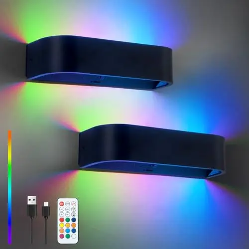 SURPALIG 2er Wandleuchte mit Akku, RGB 16 Farben, dimmbar, Fernbedienung, Innenraum- und Gaming-Dekor