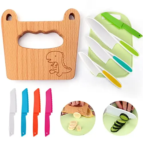 Kindermesser Set 10-teilig für kleine Kinder - Holzmesser und Schneidebrett zum Schneiden von Obst und Gemüse ab 2 Jahren (Dinosaurier)