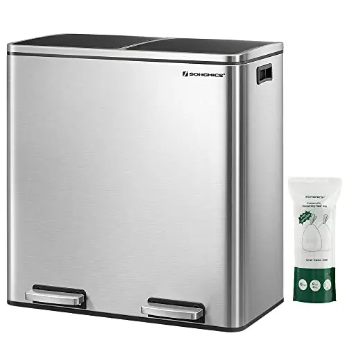 SONGMICS Mülleimer, 2 x 30 Liter, Mülltrennsystem, Treteimer, silbern-schwarz