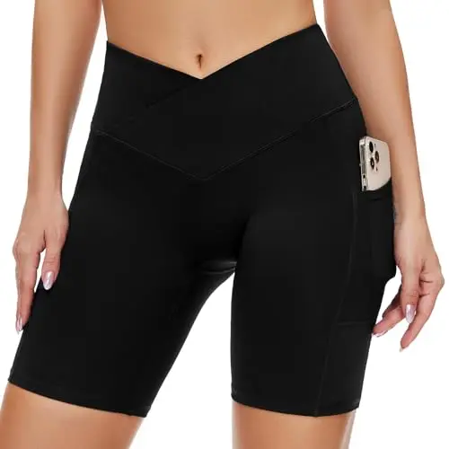 SIMIYA Damen Radlerhose High Waist mit Tasche - Kurzleggings für Yoga und Gym, Schwarz (V-förmiges Design, M)