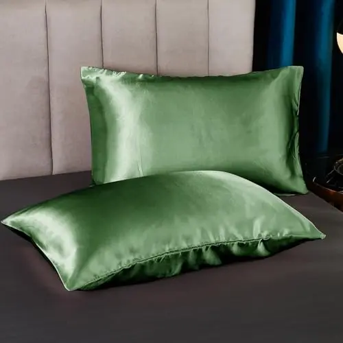 Freyamy Satin Kissenbezug 40x80 cm 2er Set Grün Uni Seidig Glatt Luxus Kissenhülle mit Reißverschluss