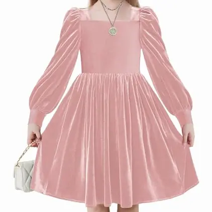 Arshiner Mädchen Samtkleid Winterfestliches Kleid mit Quadratischem Kragen und Laternenärmel in Pink für 12-13 Jahre