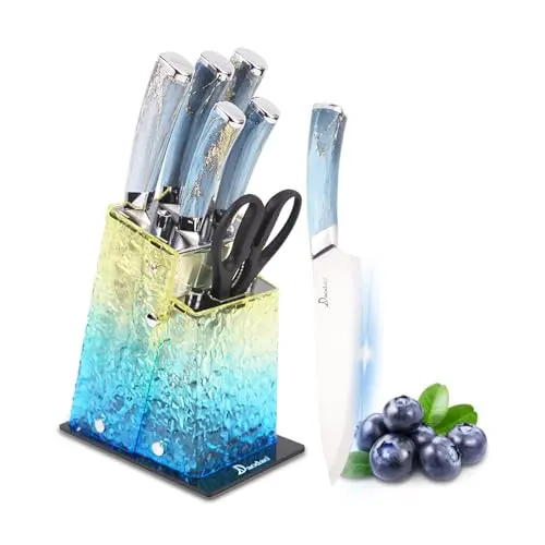 Justup 7-teiliges Kochmesser-Set mit Acrylständer und ergonomischem Griff (Blau)