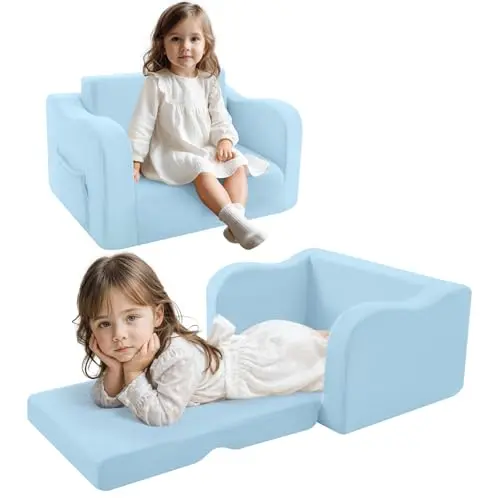 MeMoreCool Ausklappbares Kindersofa 2-in-1 für Kleinkinder, Bequemes Mini Schlafsofa in Hellblau