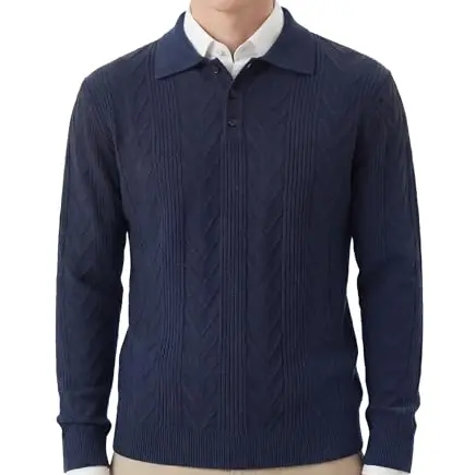 GLESTORE Herren Polo Pullover Langarm Kragen Marineblau Größe L