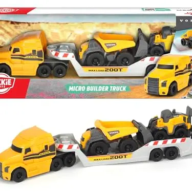 Dickie Volvo Mack Truck mit 2 Fahrzeugen, Anhänger zum Abkoppeln, 32 cm, gelb/grau