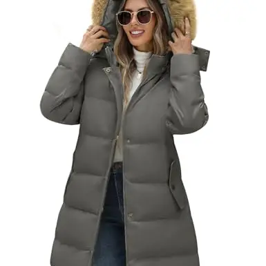 Yuson Damen Wintermantel mit Kunstpelzkapuze, warm, winddicht, gesteppt, eleganter Parka, Outdoorjacke, grau