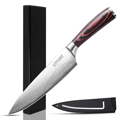 Kitory Kochmesser 20 cm, Profi Küchenmesser mit Schutzhülle und Holzgriff, Hochwertiger Carbon Edelstahl, Geschenkbox