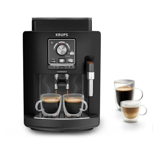 Krups Harmony Kaffeevollautomat, 4 Kaffeevarianten, Milchaufschäumer, einfache Bedienung, automatische Reinigung, kompaktes Design, Schwarz