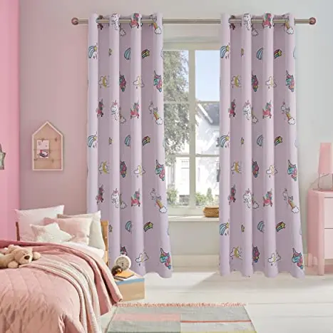 Clothink Vorhang Kinderzimmer Ösen 140x210cm Pink Einhorn, blickdicht