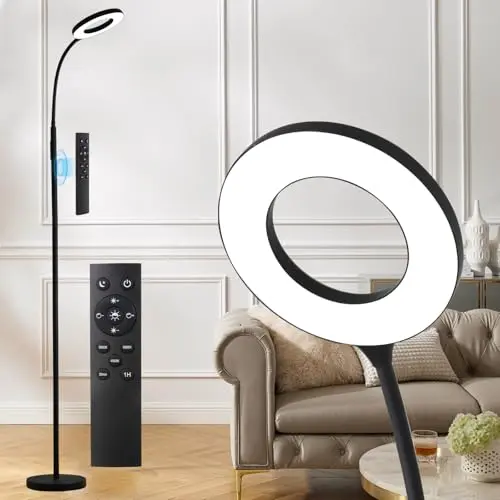Stehlampe mit Fernbedienung & Touch Control, dimmbar, 3 Farbtemperaturen, verstellbarer Schwanenhals für Wohnzimmer & Büro