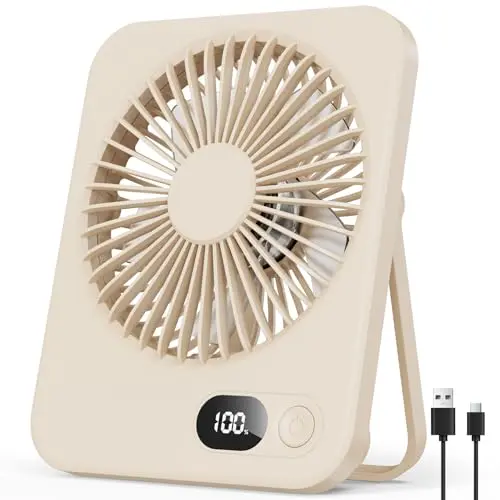 Ultraslimer tragbarer USB-Tischventilator, 5-Stufen, 180° verstellbar, 8 Std. Laufzeit, kompakt für Büro, Reisen & Schminken, Beige