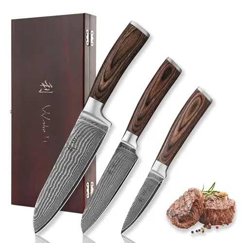 Wakoli 3-teiliges Küchenmesser Set aus Damaststahl in Holz Geschenkbox – Scharf & ergonomisch