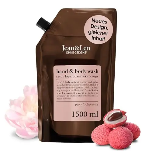 Jean & Len Hand- & Body Wash Pfingstrose & Litschi, vegane Flüssigseife, 1,5L, blumiger Duft, ohne Parabene & Silikone