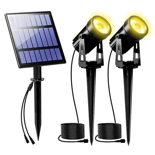 T-SUNUS Solarstrahler für Außen, wasserdicht, warmweiße Solarlampe mit Auto ON/OFF und 2 Helligkeitsmodi