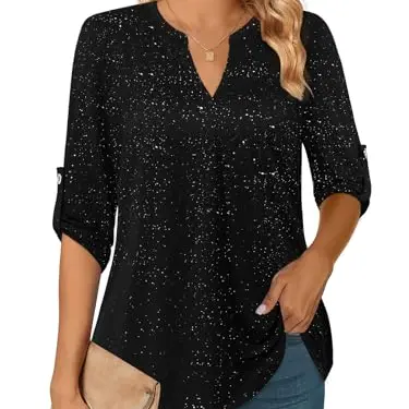 Siddhe Casual Damen Bluse mit 3/4-Ärmeln, V-Ausschnitt, Schwarz, Größe M