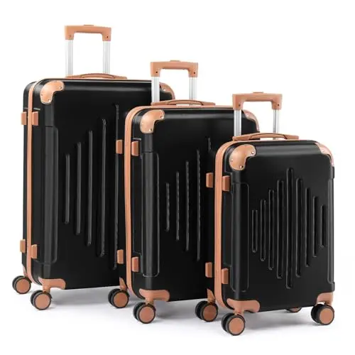 Bonnlo Kofferset 3-teilig, Hartschalen Reisekoffer mit 4 Rollen, Schwarz-Braun