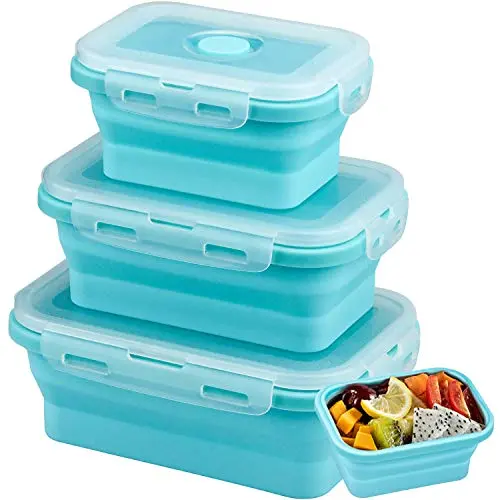Demason Faltbare Frischhalteboxen 3er Set - Wiederverwendbare Silikon Lunchboxen in Blau