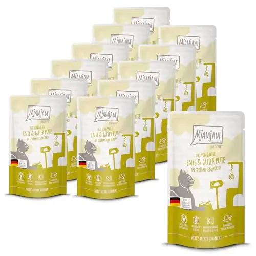 MjAMjAM Nassfutter für Katzen - Quetschbeutel DUO mit Ente & Pute an Kürbis, getreidefrei, 12er Pack (12 x 125g)