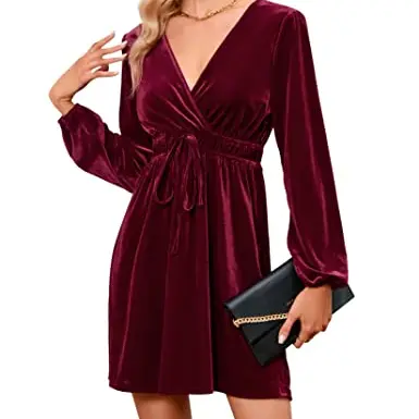 KOJOOIN Damen Samtkleid - Elegantes Abendkleid mit V-Ausschnitt in Weinrot