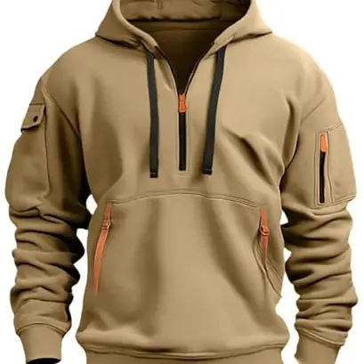 MEDUOLA Herren Kapuzenpullover mit Reißverschluss - Multifunktionales Sweatshirt in Khaki