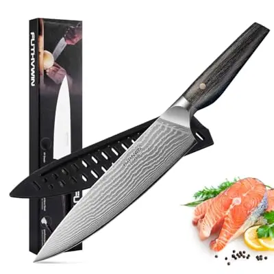 FUTHVWIN Damast Küchenmesser 20cm, Ultra Scharfes Profi Kochmesser mit Pakkaholz Griff