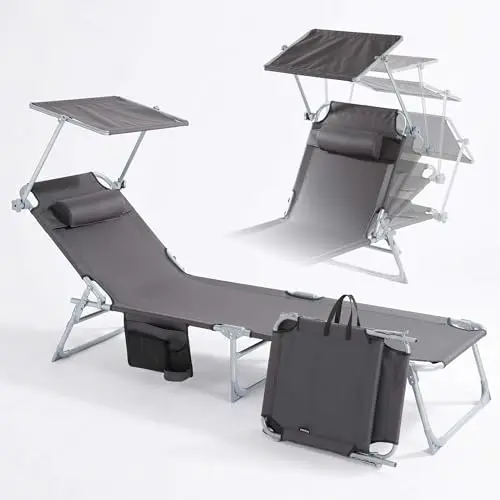 Arebos klappbare Sonnenliege mit Sonnendach, Kopfkissen & Seitentasche, 4-fach verstellbar, für Garten, Camping & Strand, bis 120 kg, Anthrazit