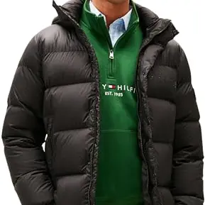 Tommy Hilfiger Herren Pufferjacke mit Kapuze, Schwarz, L