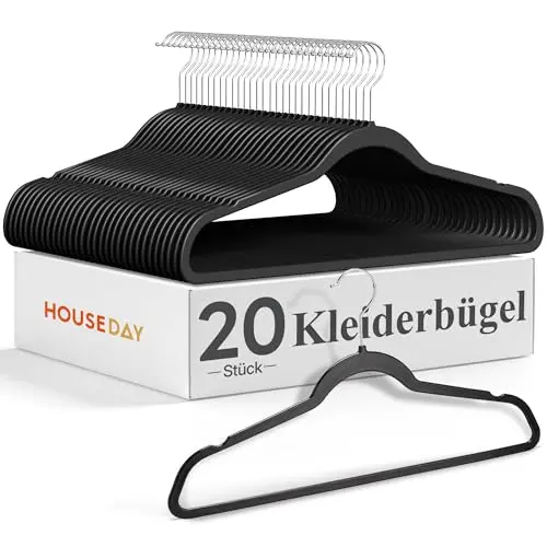HOUSE DAY Schwarze Kunststoff-Kleiderbügel 20er Pack, ultradünn, platzsparend, 360° drehbar, ideal für Anzüge, Mäntel & Shirts