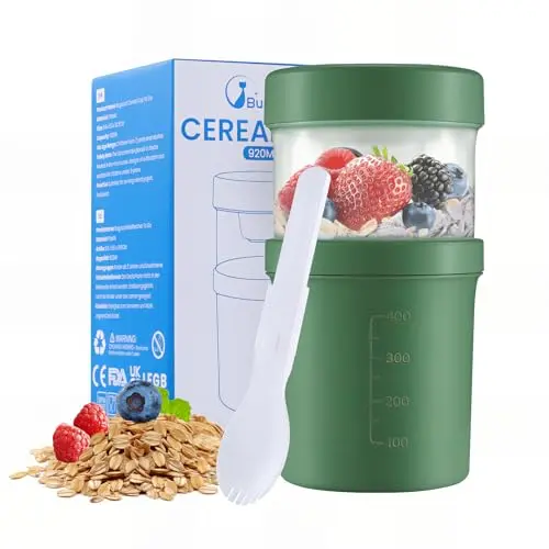 Bugucat Müsli Becher to Go 560ml & 360ml - Auslaufsichere Joghurt- und Salatbecher mit Löffel für Arbeit, Schule, Picknick - Grün