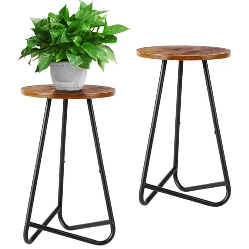 HDANI 50cm Rund Pflanzenständer 2er Set, Modernes Blumenregal für Zimmerpflanzen, Schwarz & Rustikales Braun