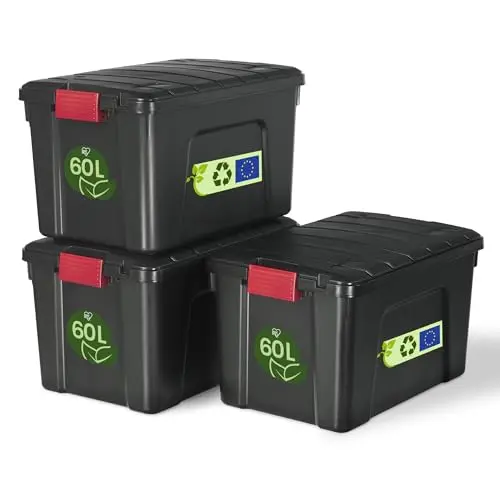 Iris Ohyama große Aufbewahrungsbox, 60 l, stapelbar, 3er-Set, schwarz