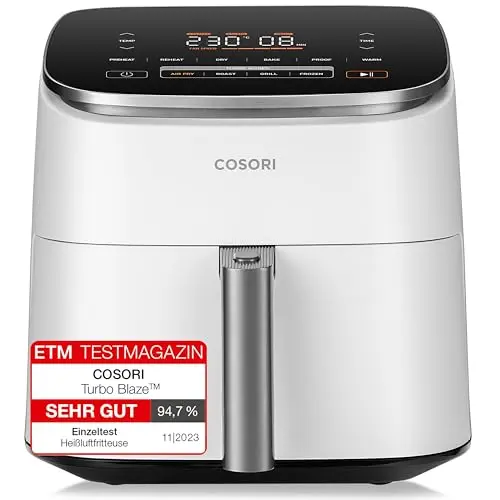 Cosori Turboblaze Heißluftfritteuse Airfryer 6L, 9-in-1, leise mit 5 Geschwindigkeitsstufen, inklusive 87 Rezepte, Weiß